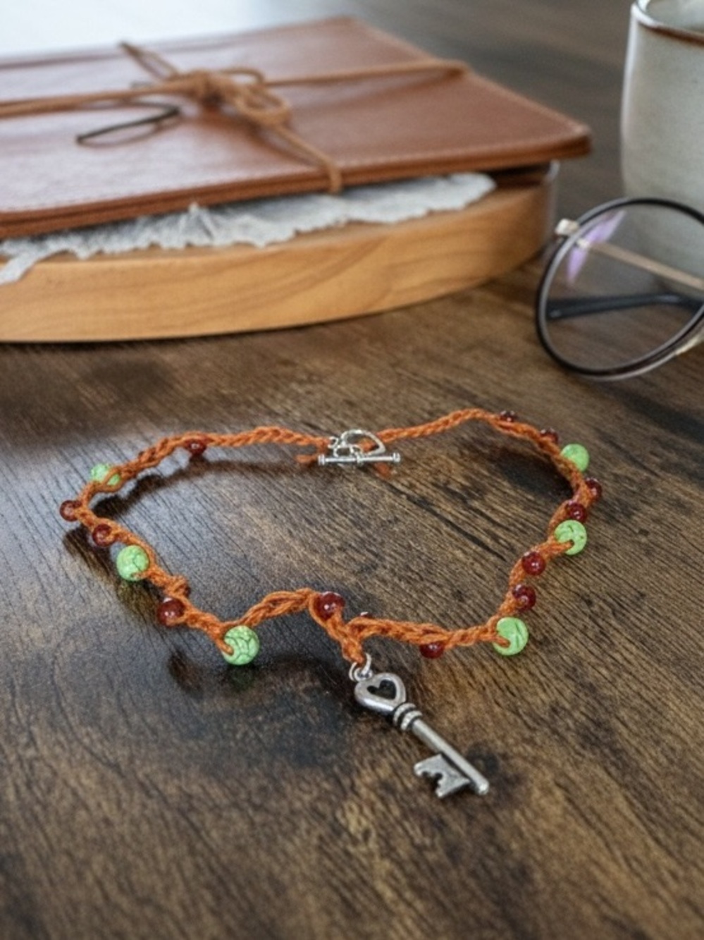 Handmade Orange and Green Beaded Key-Pendant Necklace